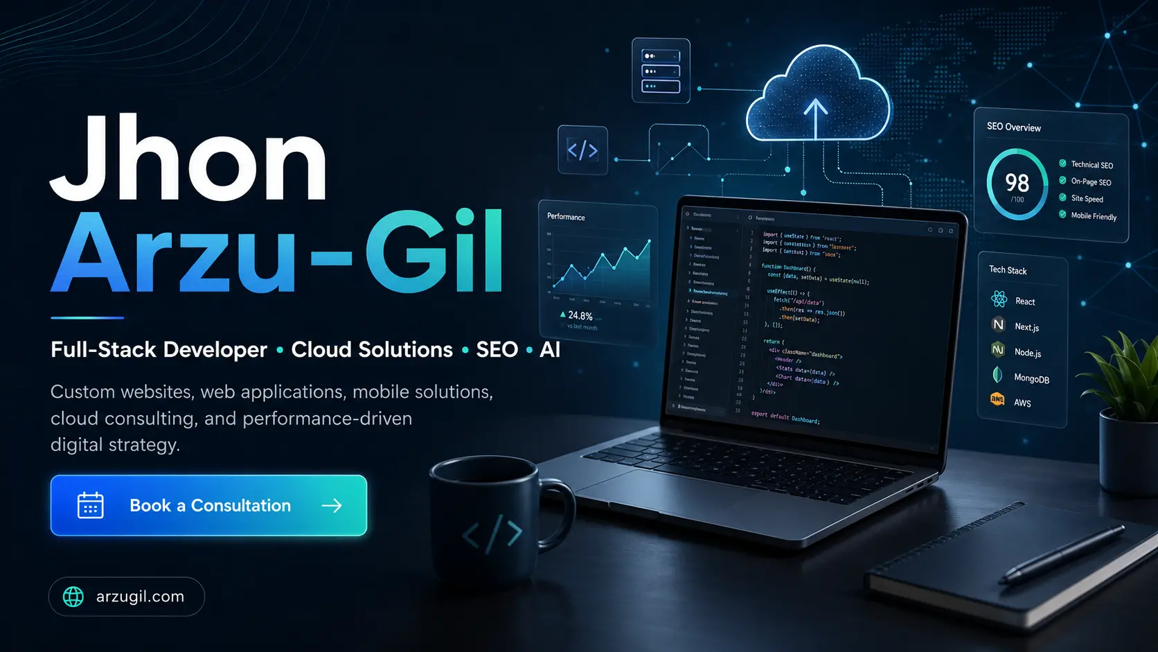 Full-stack web developer in Houston offering PHP, cloud, SEO, AI, and mobile app development services