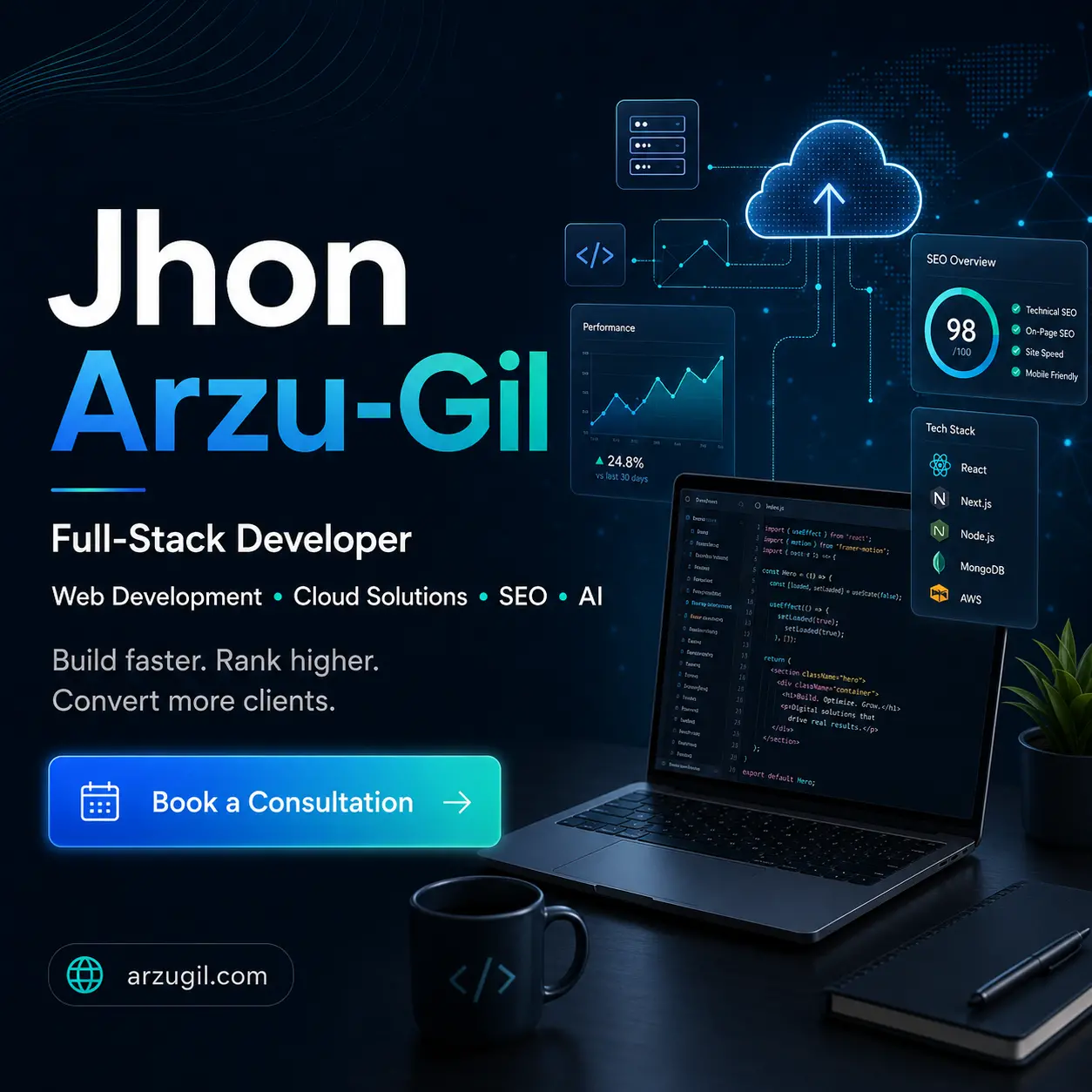 Custom web development, cloud solutions, SEO, and software engineering services by Jhon Arzu-Gil